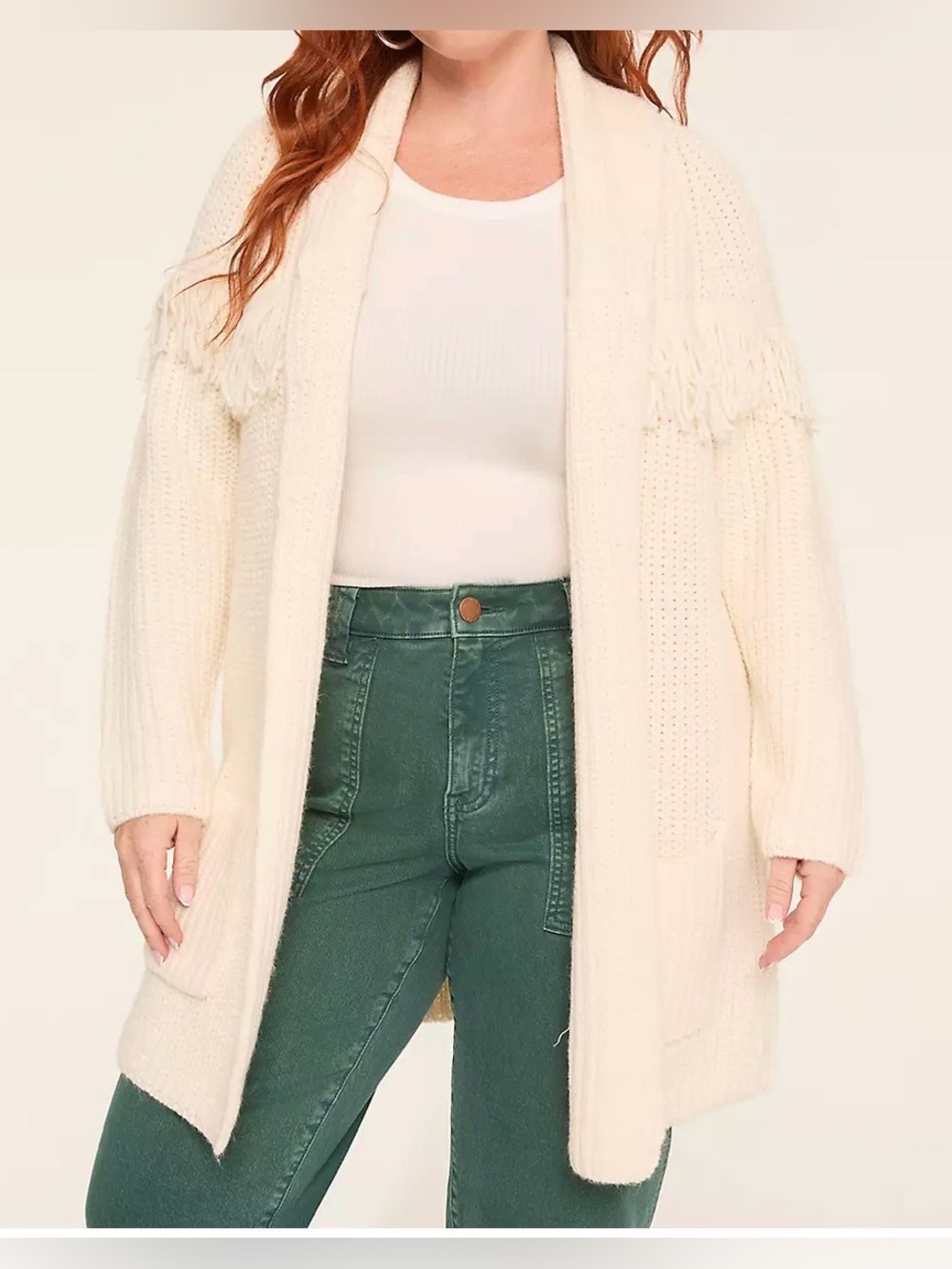 NWT Lane Bryant open front shawl collar fringe detail cardigan, size 26/28